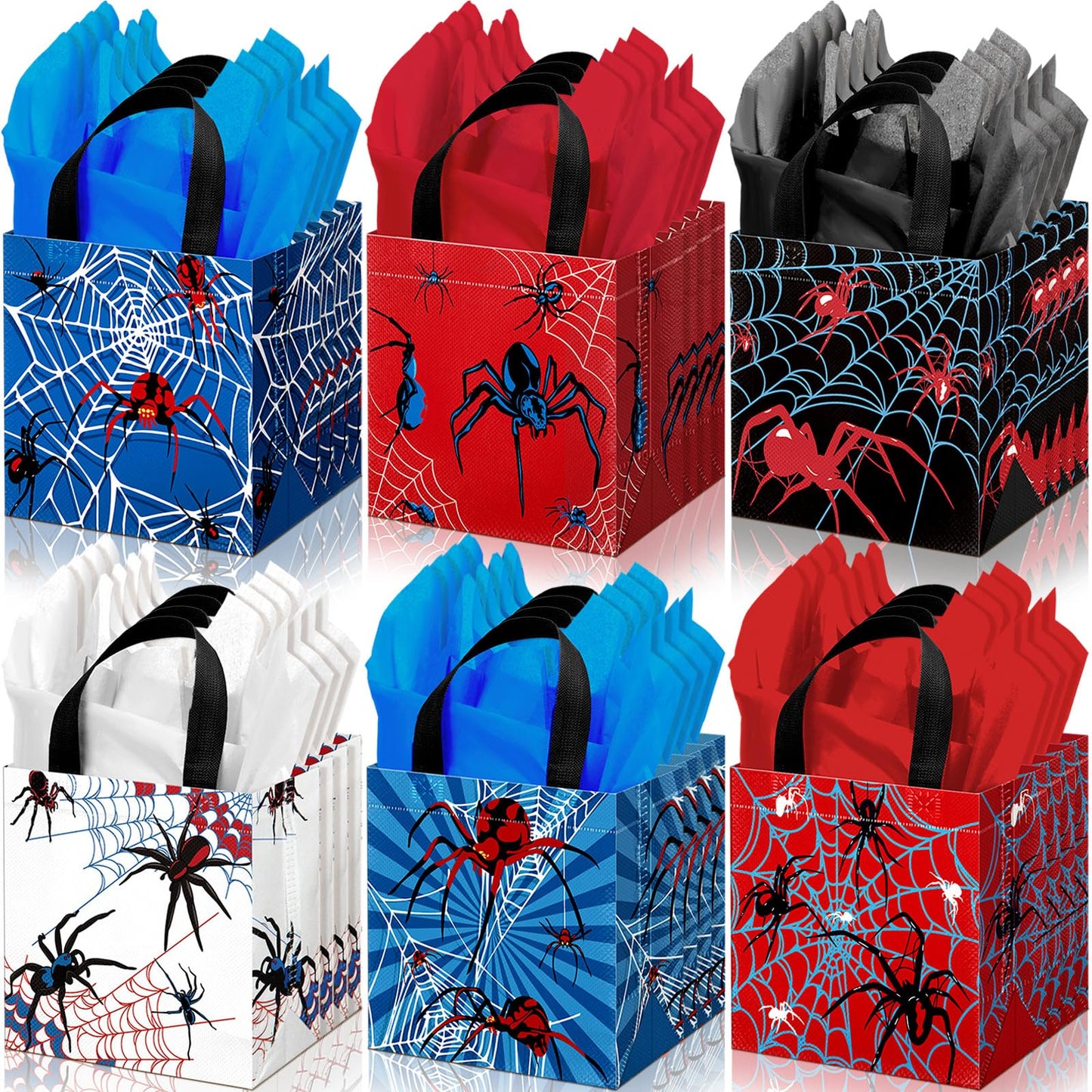 GliCraft 24 Pcs Spider Gift Bags with Tissue Paper Reusable Spider Party Favors Bags with Handle Spider Birthday Party Decorations Double Sided Spider Printed Goodie Candy Bags for Spider Party Favor