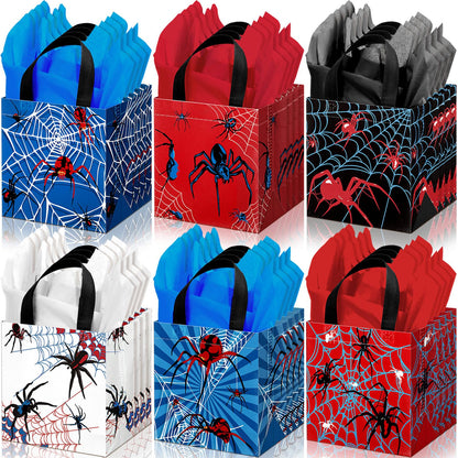 GliCraft 24 Pcs Spider Gift Bags with Tissue Paper Reusable Spider Party Favors Bags with Handle Spider Birthday Party Decorations Double Sided Spider Printed Goodie Candy Bags for Spider Party Favor