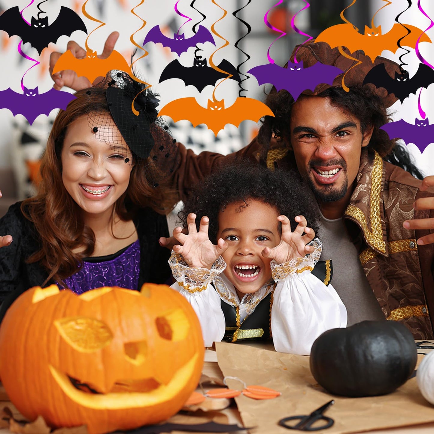 YQUQWN 46 PCS Halloween Bat Hanging Swirl Decorations Black Orange Purple Flying Vampire Bat Ceiling Decor for Kids Halloween Party Door Office Party Supplies