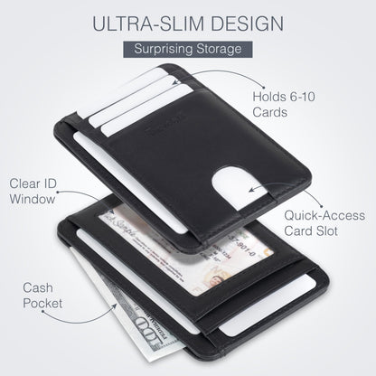Travaci Full Grain Leather Slim Wallet for Men and Women - Small Minimalist Wallet and Leather Card Holder - Thin Front Pocket Credit Card Holder - Black