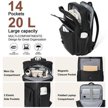 Shrrie 16 inch Vegan Leather Laptop Backpack with USB Charger,Smart Computer Backpack for Men and Women Business,Work,Office,College