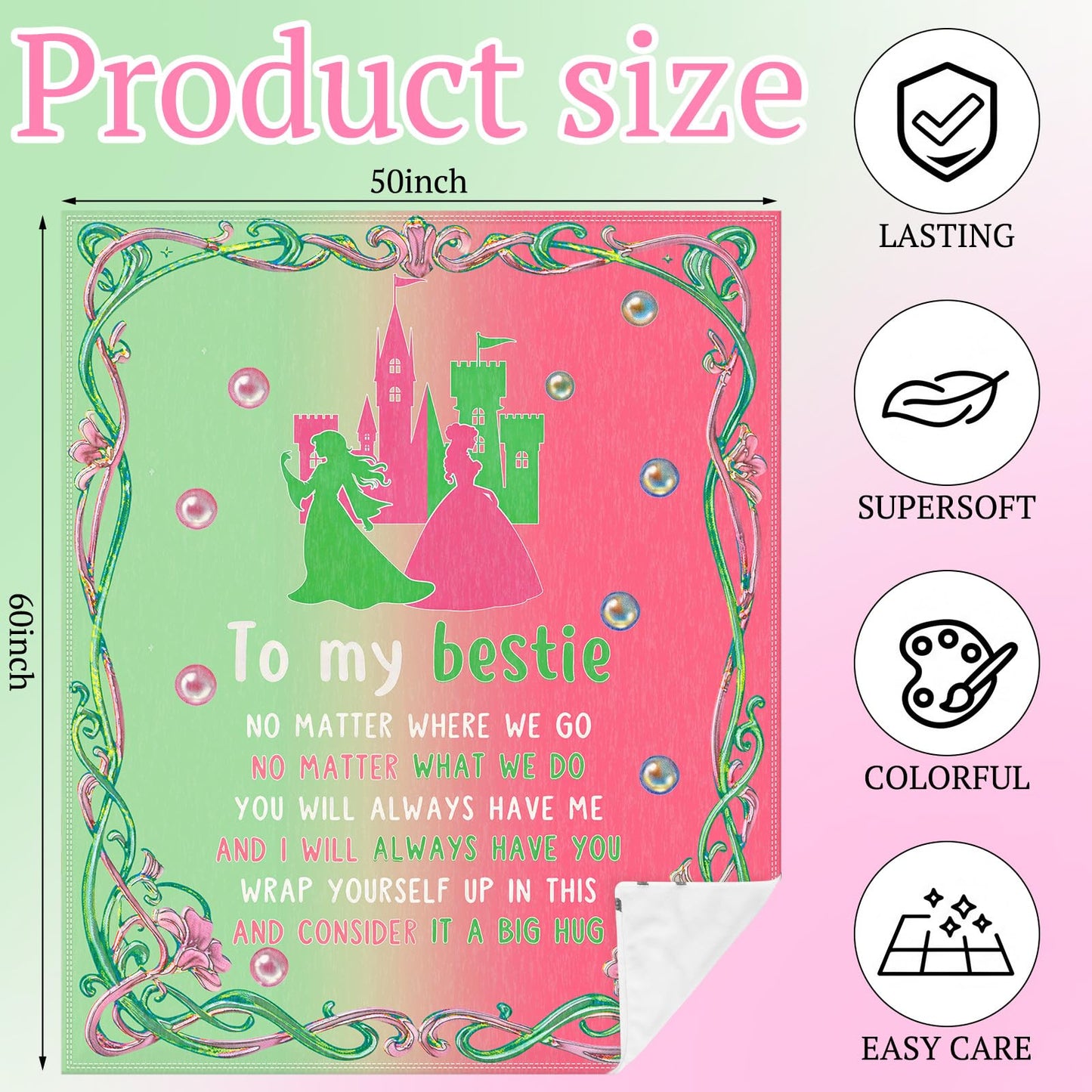 Hillsuren Witch Theme Blanket for Girls Pink and Green Throw Blanket to My Bestie Flannel Blankets 50 x 60 Inch Fun Witch Team Gifts for Women Christmas Halloween Thanksgiving Gift Decoration