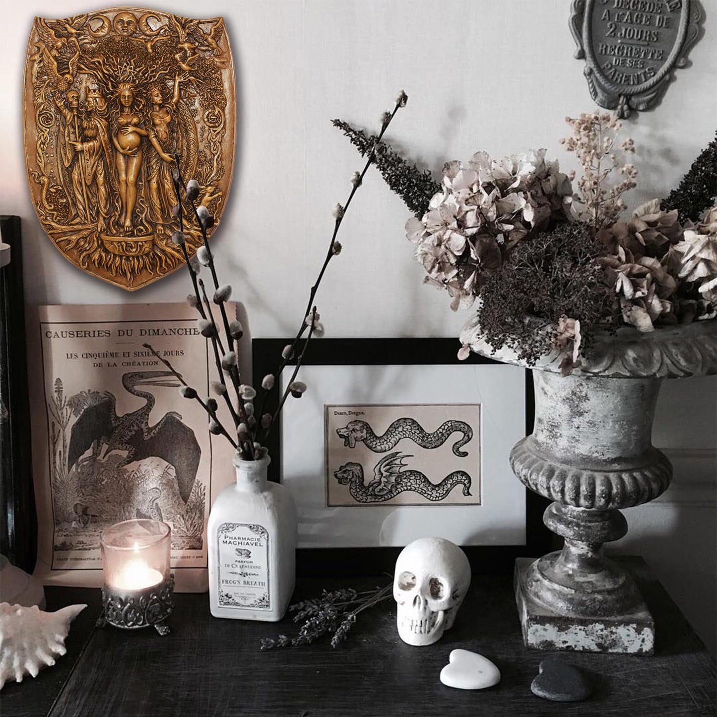 Pinra Triple Moon Wall Decor Pagan Wiccan Triple Goddess Maiden Mother Crone Shield Statue Celtic Wall Art Irish Feminism Gods Hanging Shield Wall Plaque Sculpture Khaki