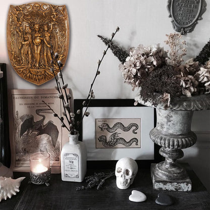 Pinra Triple Moon Wall Decor Pagan Wiccan Triple Goddess Maiden Mother Crone Shield Statue Celtic Wall Art Irish Feminism Gods Hanging Shield Wall Plaque Sculpture Khaki