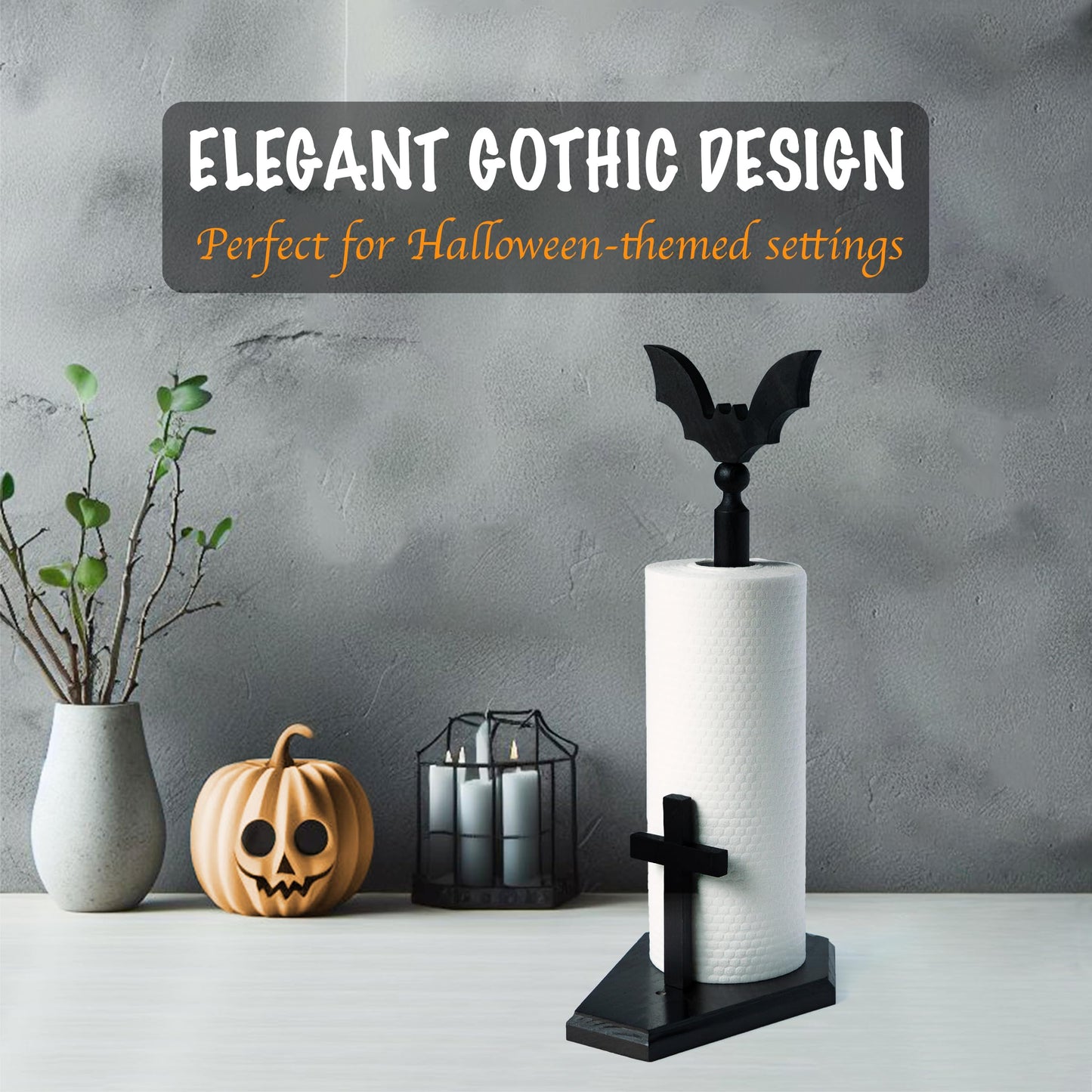 Kihomi Bat Paper Towel Holder with Suction Cups - Black Wooden Coffin Paper Roll Holder, Gothic Kitchen and Bathroom Accessory, Halloween Decor, Spooky Rustic Table and Witchy Gifts for Women (Bat)