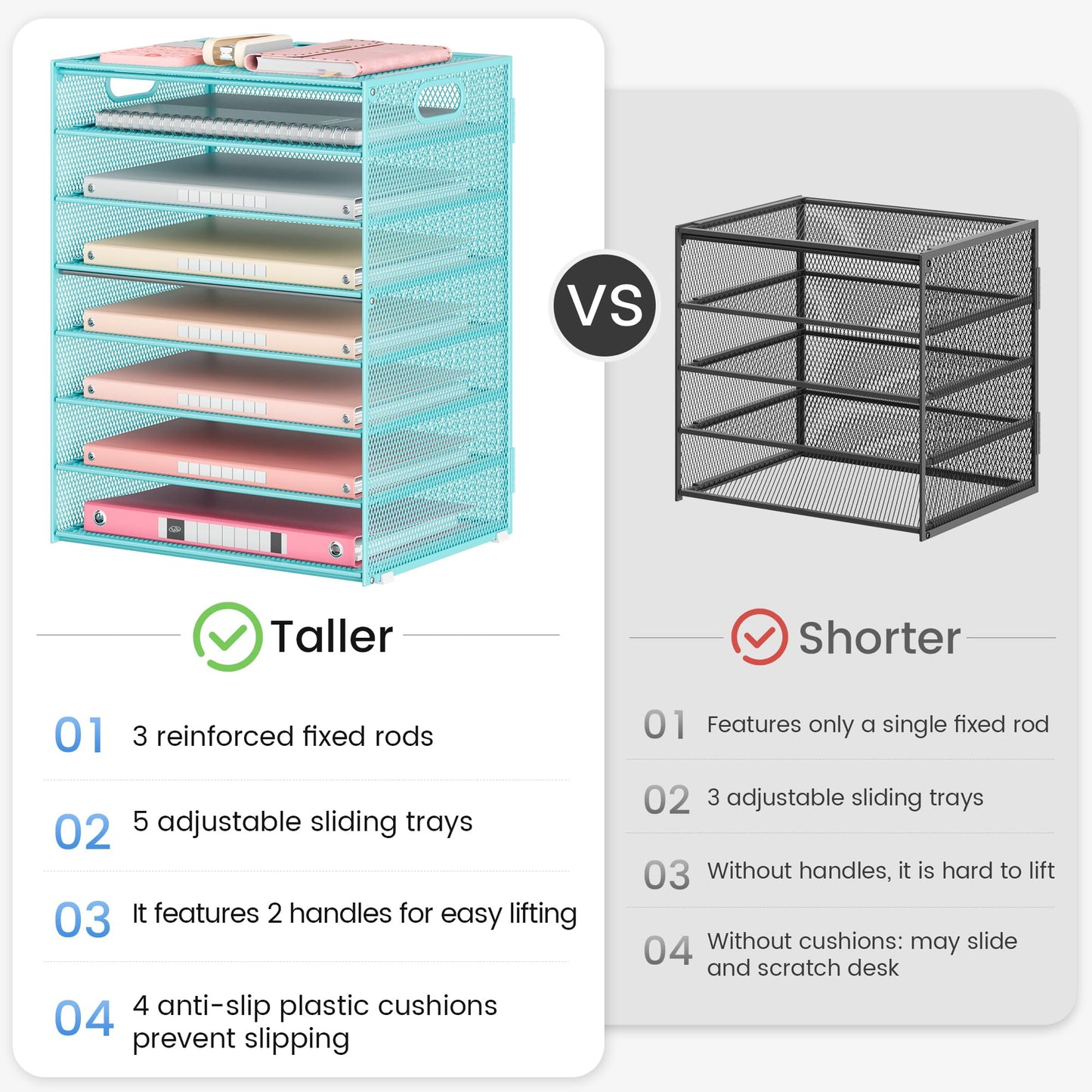 Lavatino 2 Pack 8-Tier Office Desk File Organizer, Letter Tray Paper Organizer with Handle, Including 5 Adjustable Slide Trays for Organizing Desk Workspace Accessories and Supplies (Blue Metal Mesh)