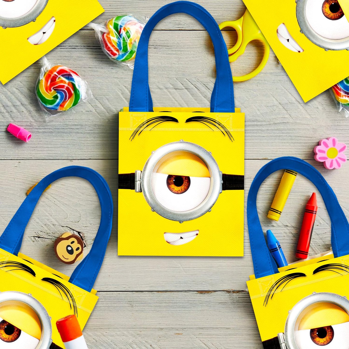 Minions Party Favor Bags Set – 24 Pack 8" Despicable Me Goodie Bags for Kids Bulk Reusable Mini Totes | Despicable Me Minions Birthday Party Supplies