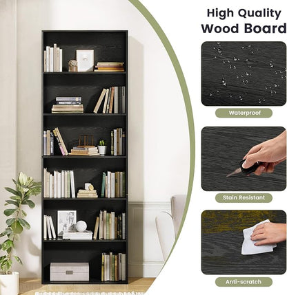 GRUSIGN 71" Tall 6-Tier Bookshelf, Large Open Display Bookcase with Ample Storage, Floor Standing Book Shelf for Living Room, Home Office, Bed Room, Black