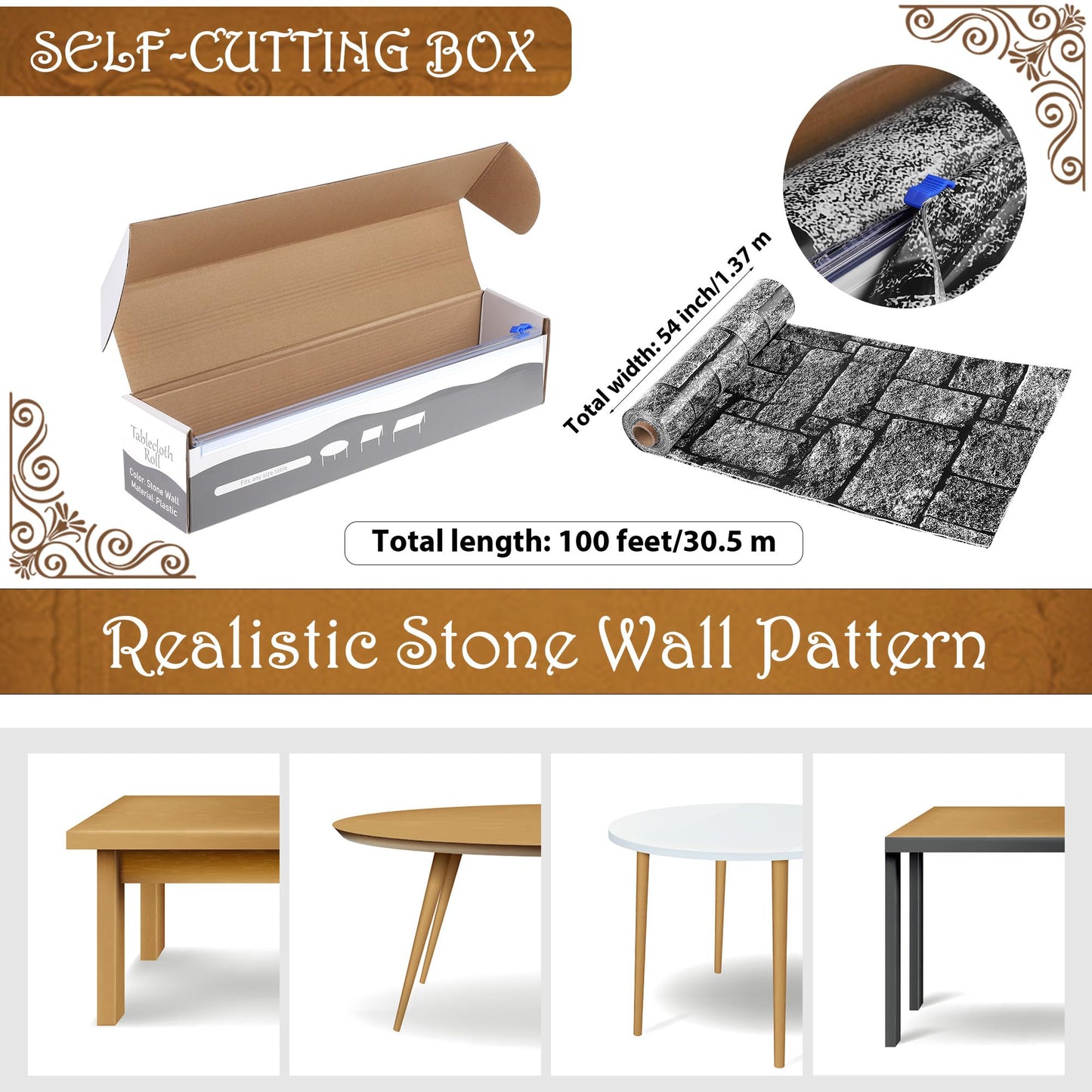 Kochorie 100 Ft x 54 Inch Stone Wall Tablecloth Roll with Cutter Box Disposable Plastic Stone Table Cover Medieval Stone Brick Table Cloth Dirt Floor Wall Backdrops for Farm Wedding Birthday Party