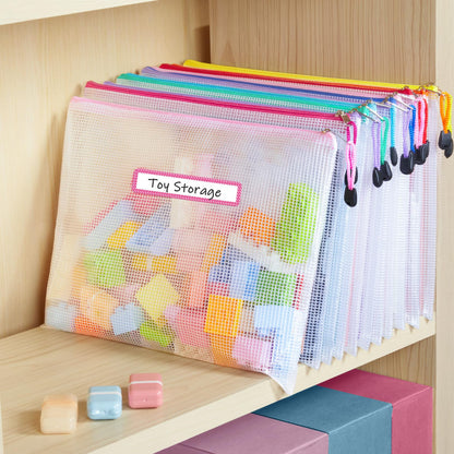 Sooez 24 Pack Mesh Zipper Pouch with Sticky Labels, A4 Mesh Bags, Sturdy Letter Size File Folders Organizer, Office School Classroom Supplies, Toy Storage Bag Board Game Puzzles Organization, Black