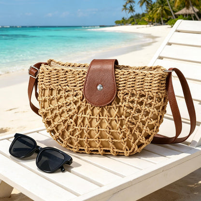 XquiziFit Straw Bag Beach Purse Summer Purses for Women Vacation Handbags Woven Crossbody Bags Khaki