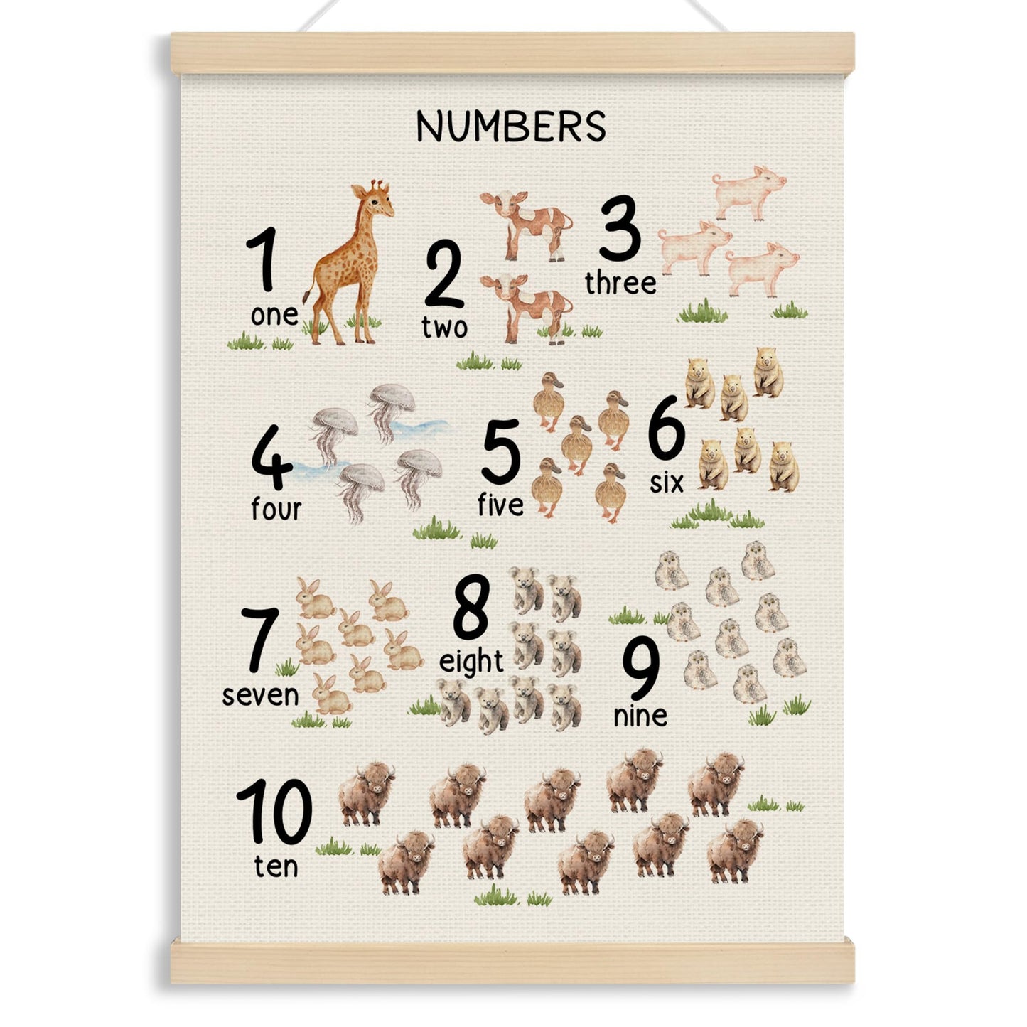 MOTERMATE Woodland Farm Nursery Number Wall Art Poster Chart, Learning Educational Canvas Poster Hanger Frame for Toddlers Classroom, Safari Nursery Wall Hanging Banner Decor for Classroom, 12x16 Inch