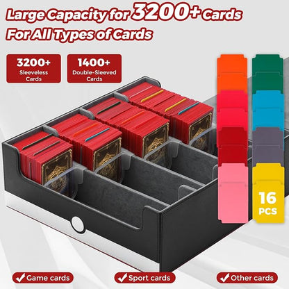 tombert White & Red Trading Card CaseHolds 3200+ Cards, Includes 16 Dividers& 4 Customizable Inserts, SecureMagnetic Closure for MTG, YuGiOh,Sports & More (4 Rows)