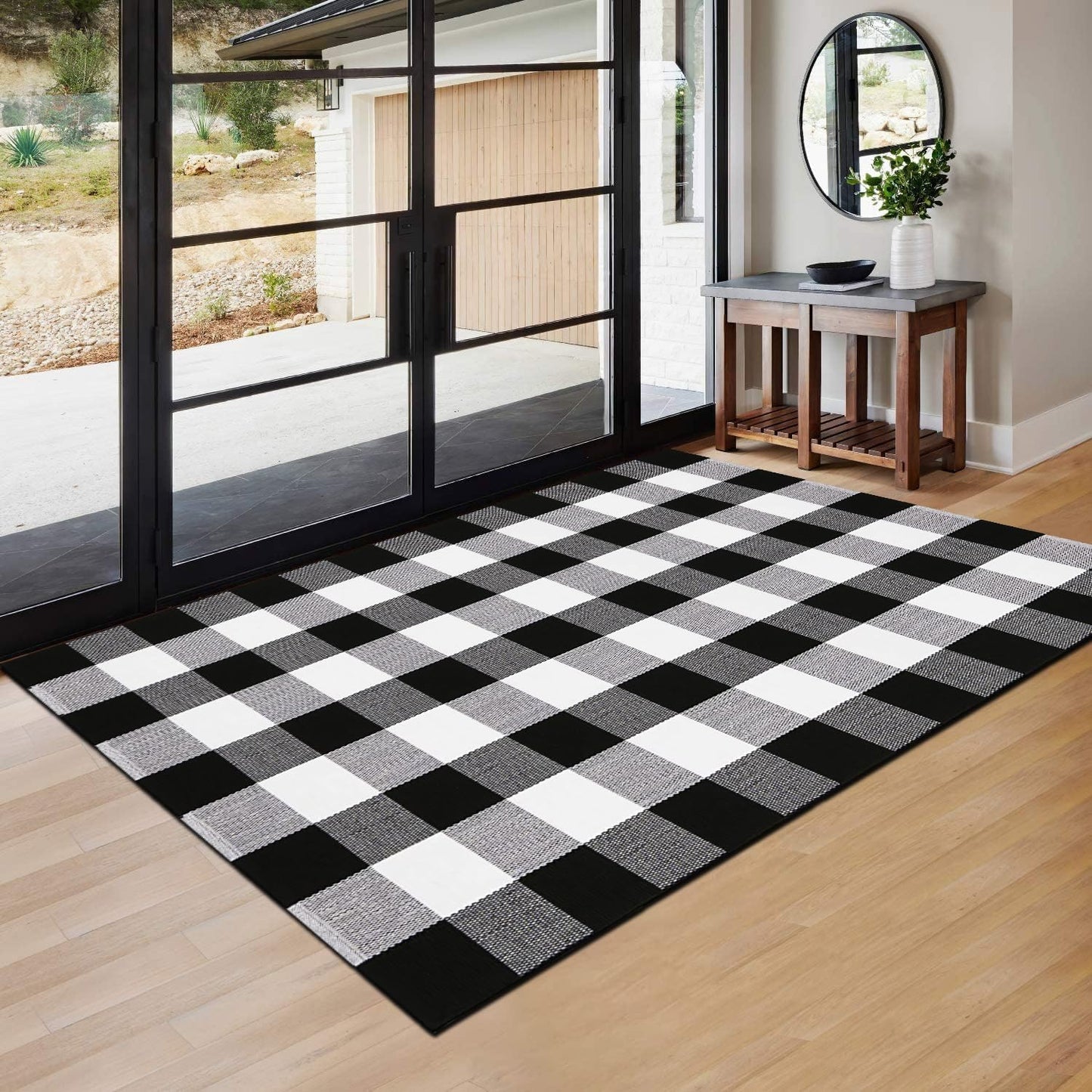 YINMEIJU Buffalo Plaid Rug 3'x5' Black and White Checkered Rug Front Door Mat Outdoor Cotton Washable Front Porch Rug Layered Doormats for Front Porch/Farmhouse/Entryway