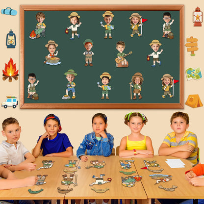 60pcs Camping Theme DIY Cutouts Camper Bulletin Board Decoration Set Camping Adventure Paper Cut-Outs Classroom Decor for Boy Girl Classroom DIY Photo Craft Kindergarten School Wall Door Supplies