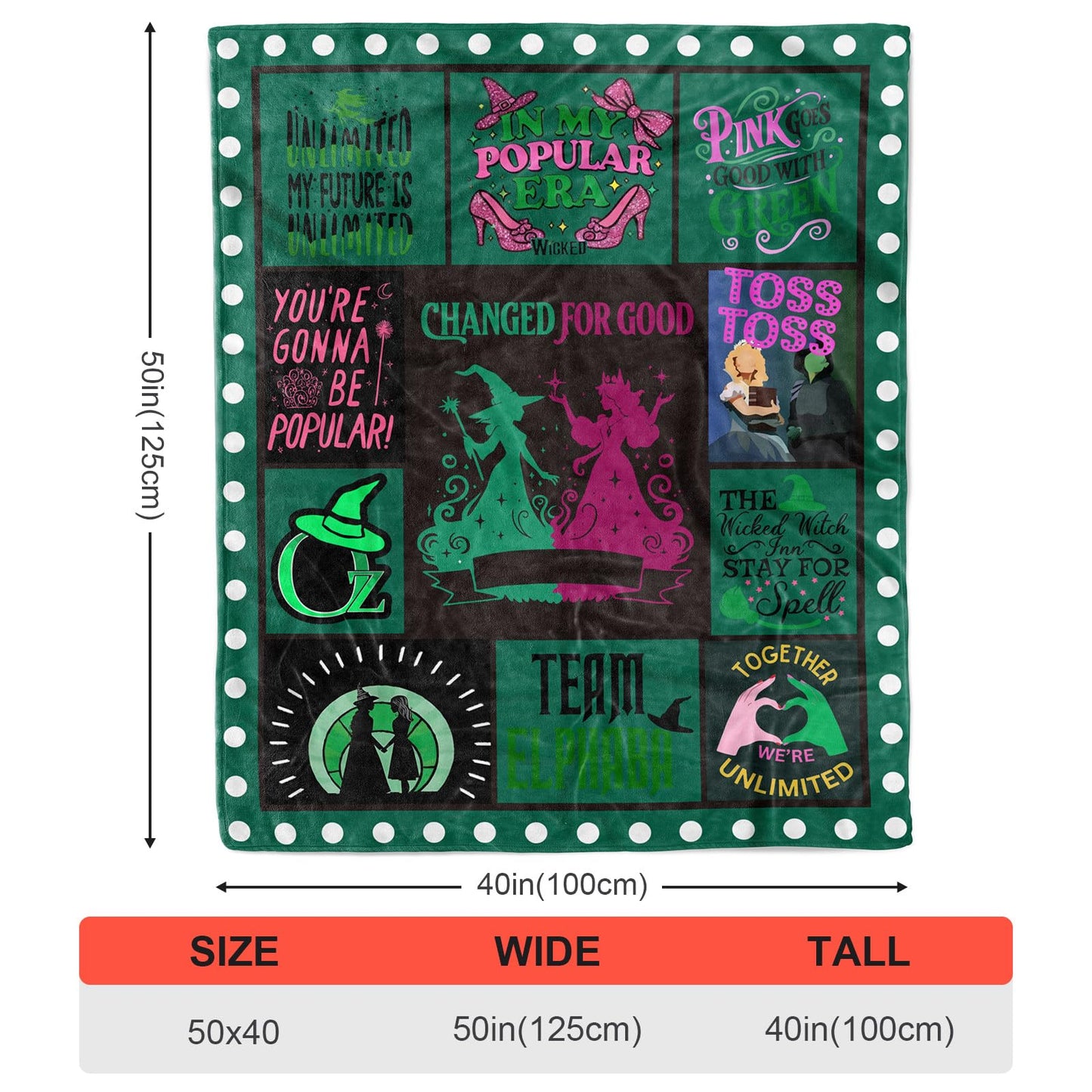 50'' x 40'' Witch Green Vintage Flannel Blanket, Evil Gift Queen Throw Broom, Elphaba Hat Glinda Magic Movie Land Blanket, All Seasons Warm Cozy Soft Blanket for Sofa Bed Halloween Women Fans 1