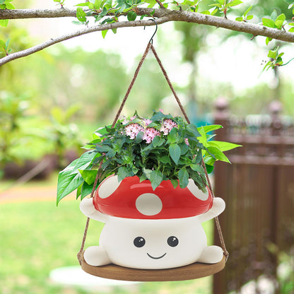 MAKGEWI Mushroom Swing Hanging Planter, Cute Ceramic Face Planter for Indoor & Outdoor, Whimsical Decor for Succulents & String of Pearls, Small Hanging Pot for Home Garden