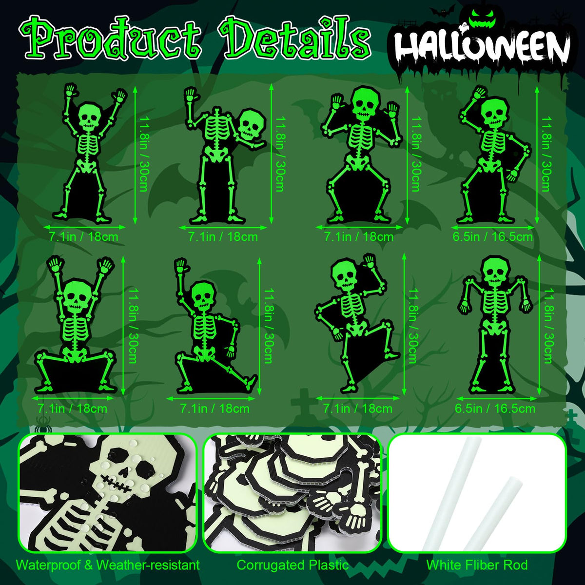 Jetec 8 Pcs Halloween Outdoor Decorations Glow in The Dark Skeleton with Stakes Luminous Halloween Graveyard Decoration Funny Skeleton Yard Signs for Outdoor Lawn Yard Garden