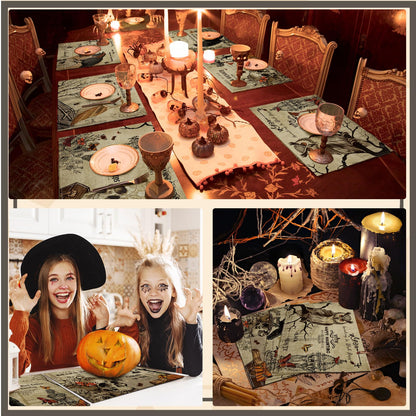 Umigy 6 Pcs Halloween Placemats 12"x18" Gothic Bat Placemats Kitchen Decoration Washable Witch Place Mats Rectangle Skull Table Mats for Halloween Dining Table Accessories(Poster Style)