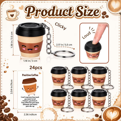 Junkin 24 Set Coffee Cup 3D Printed Clicker Fidget with Cards- Stress Relief Key Rings Luggage Backpack Charm Coffee Lover Gifts for Women, Coworkers, Office, Graduation Party Favors