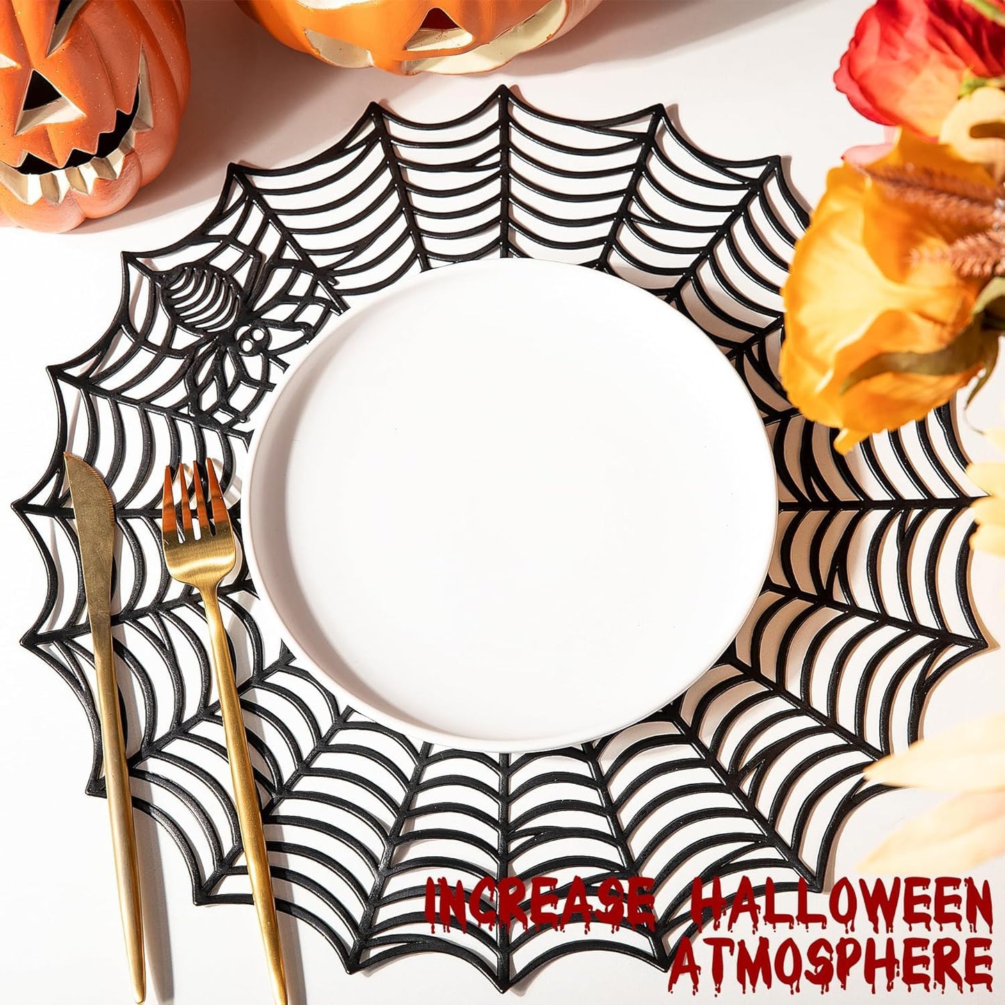 8 Pcs Halloween Spider Web Placemats- 15" Heat Insulation Halloween Placemats Spider Web Table Mats- Hollow Out Spiderweb Coasters Placemat for Dining Table Halloweens Decoration (Black)