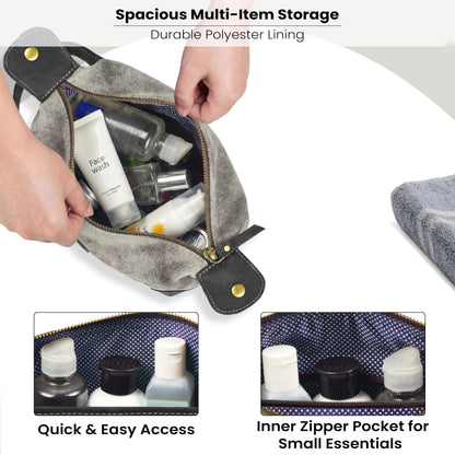 LEATHER VILLAGE Genuine Leather Dopp Kit for Men & Women with Waterproof Lining – Distressed Travel Toiletry Bag, Shaving & Bathroom Essentials Organizer - Distressed Grey
