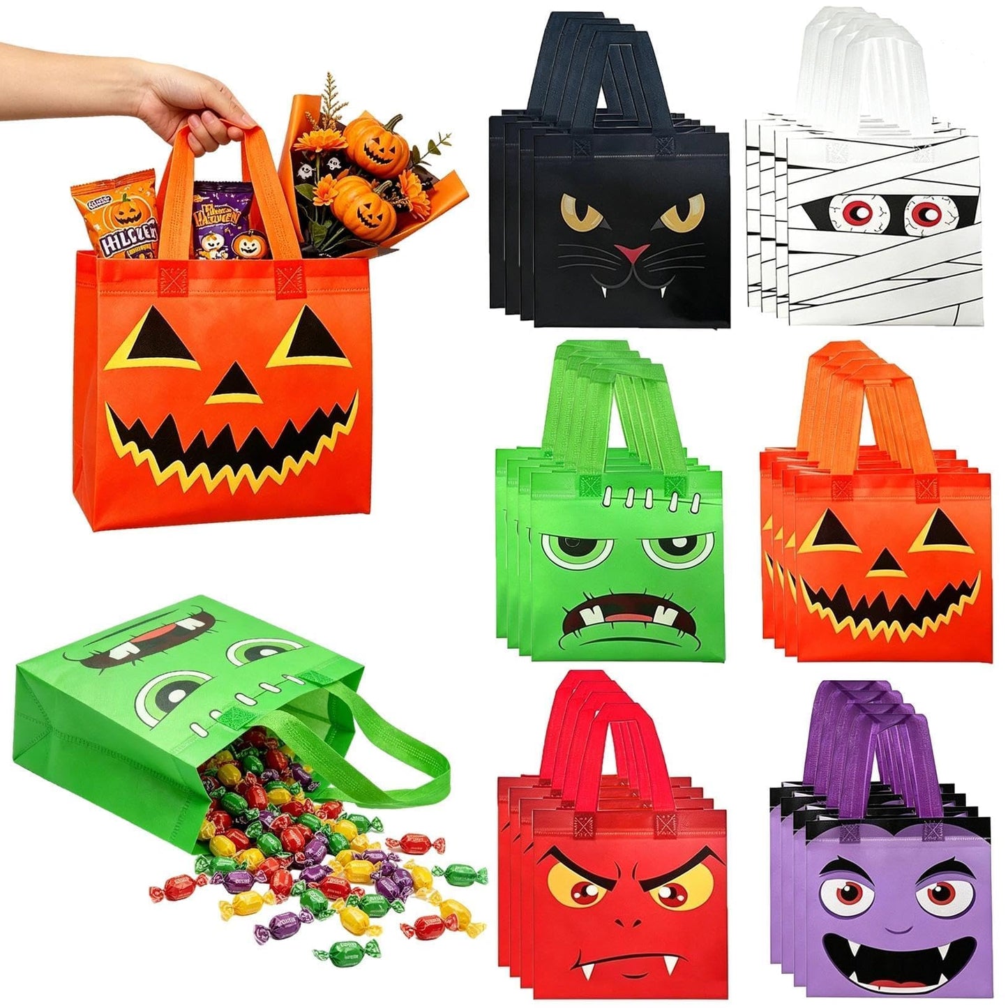 Zoonlinpp 24 Pcs Halloween Goodie Bags Cute Non-Woven Tote Goody Candy Gift Bag for Halloween Themed Trick or Treat Party