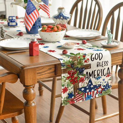 Artoid Mode Cross Star Floral Patriotic 4th of July Table Runner, Memorial Day Kitchen Dining Table Decoration for Home Party Decor 13x120 Inch