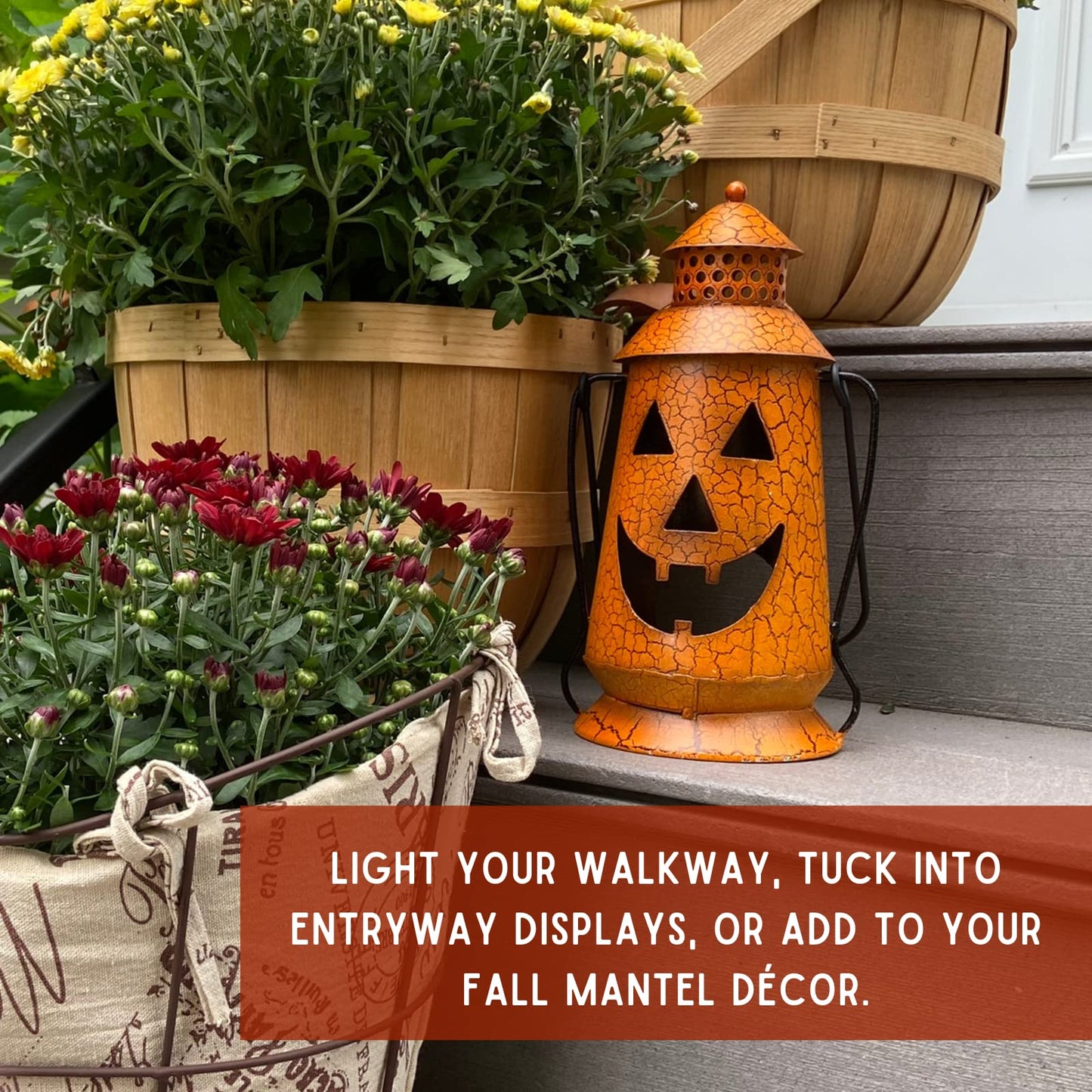Halloween Pumpkin Rustic Lantern with Handle, Metal Jack O Lantern Fall Decoration, Standing or Hanging- Indoor, Outdoor, by Clovers Garden