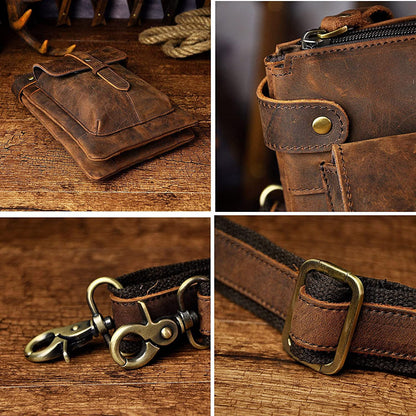 Le'aokuu Mens Genuine Leather Small Messenger Shoulder Satchel Waist Bag Pack 8711 (8711 A-Dark Brown)