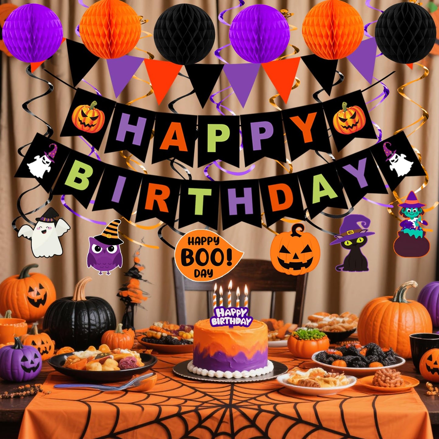 Halloween Birthday Party Decorations, 70PCs Halloween Birthday Decorations Set Including HAPPY BIRTHDAY Banner Bat Stickers Hanging Garland Swirl Streamers Purple Orange Black Balloons Honeycomb Ball