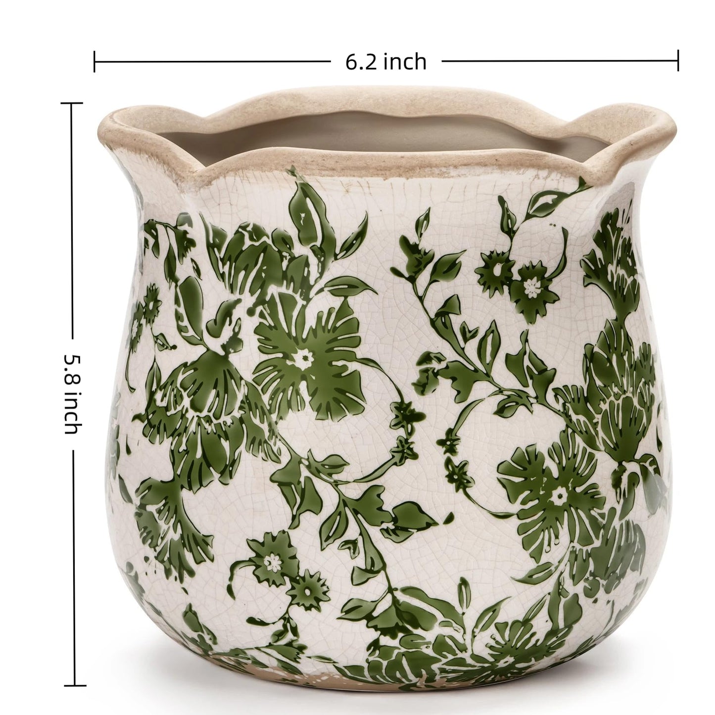 behen bahen Vintage Ceramic Planter Pot with Drainage Holes, Green Floral Design, 6.11 Inch, Distressed Tuscan Style, Indoor Plant Pot and Vase (Green)