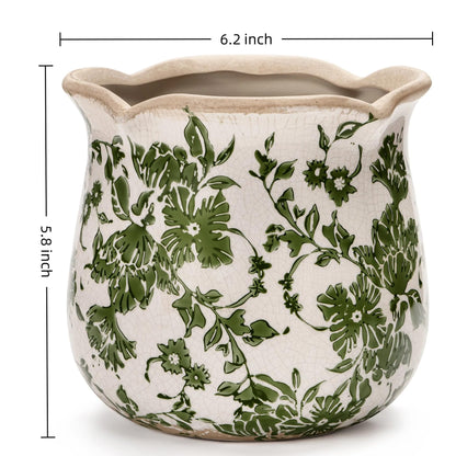 behen bahen Vintage Ceramic Planter Pot with Drainage Holes, Green Floral Design, 6.11 Inch, Distressed Tuscan Style, Indoor Plant Pot and Vase (Green)
