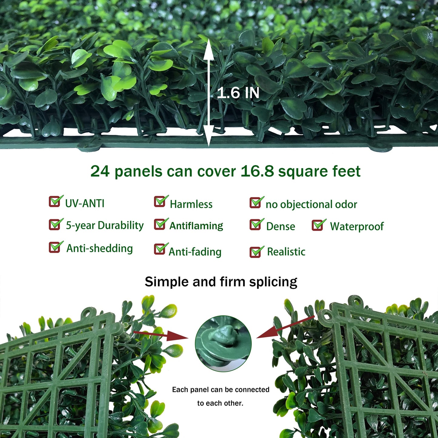 ODTORY Artificial Grass Wall Panel Backdrop,10 X 10 in 24P(16.8 sqft) UV-Anti Greenery Boxwood Panels for Indoor Outdoor Green Wall Decor & Ivy Fence Covering Privacy