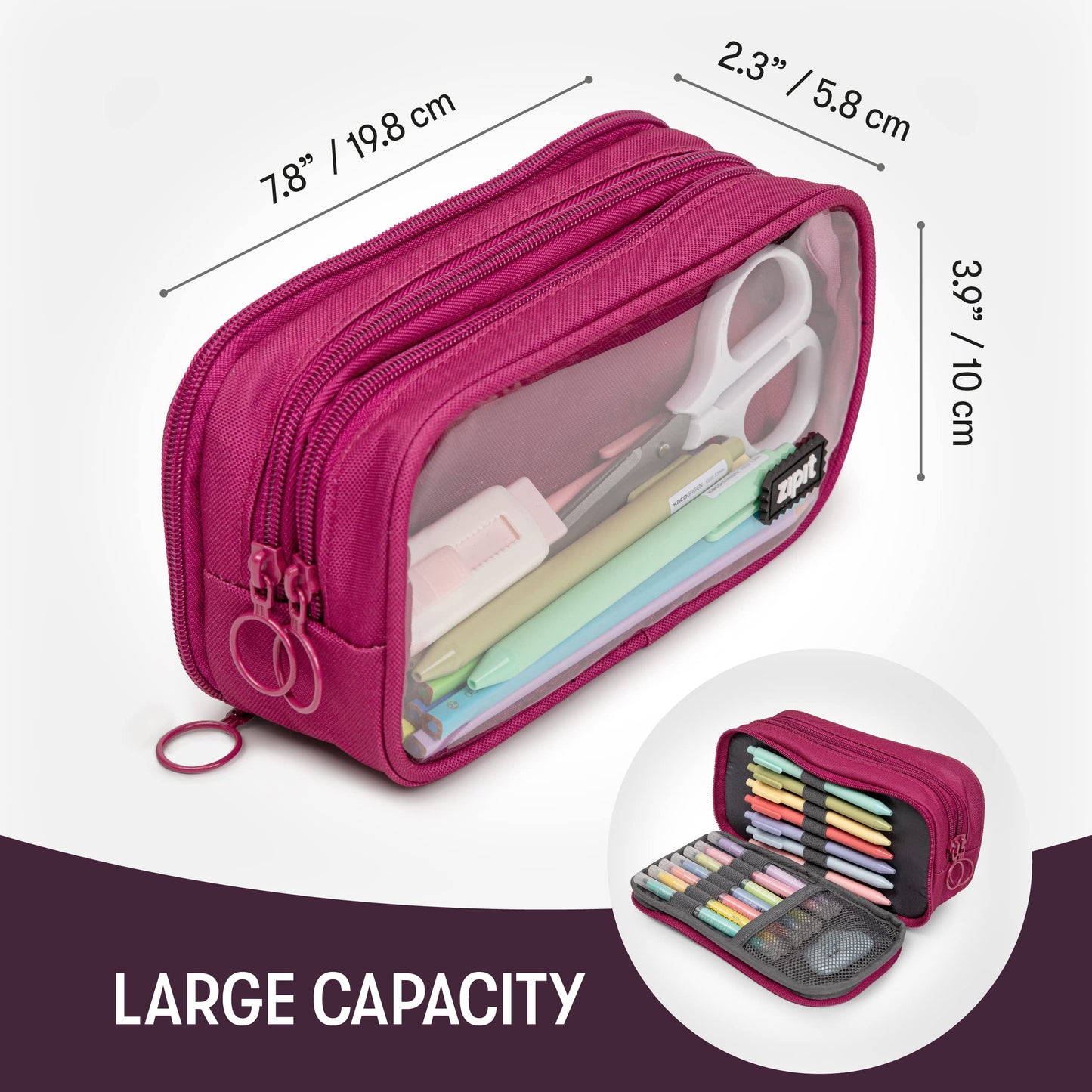ZIPIT Half & Half Pencil Case for Girls, 3 Compartment Zipper Pouch for School, Stationery Bag for Teen and Adults, Pink