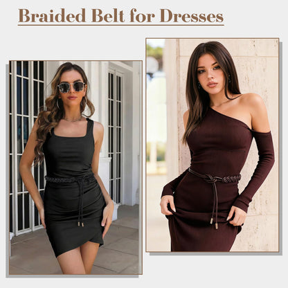 CHIC DIARY Women Braided PU Leather Rope Belt Adjustable Thin Waist Belt Boho Waist Wrap for Dresses