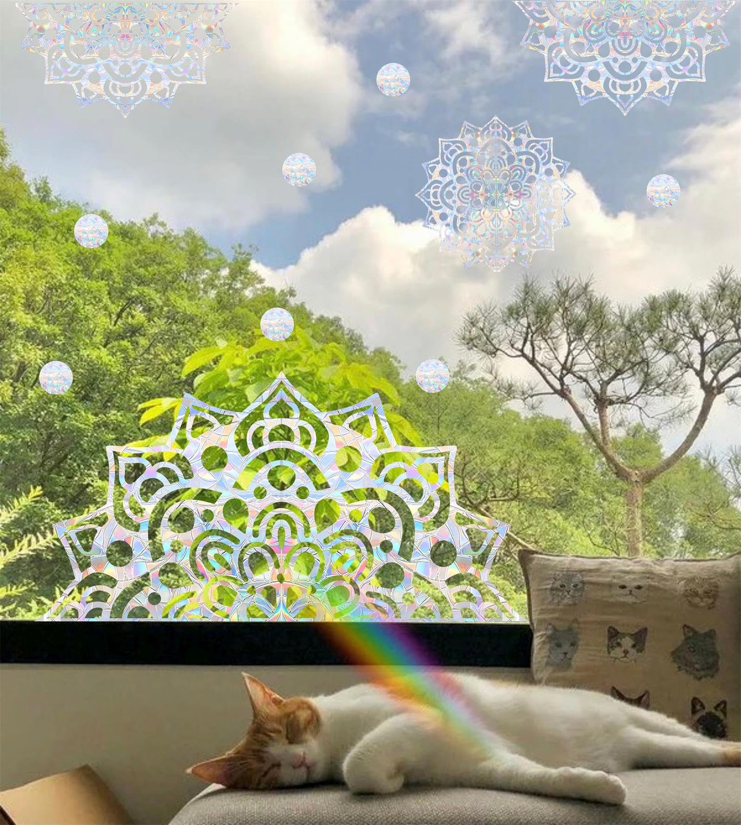 Large Mandala Window Clings for Glass Windows Big Mandala Window Stickers Lotus Flower Window Decals Static Cling Anti-Collision Window Stickers for Bird Strikes Sun Catcher Rainbow Stickers