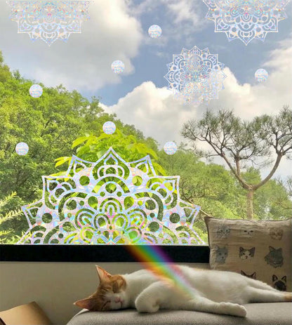 Large Mandala Window Clings for Glass Windows Big Mandala Window Stickers Lotus Flower Window Decals Static Cling Anti-Collision Window Stickers for Bird Strikes Sun Catcher Rainbow Stickers
