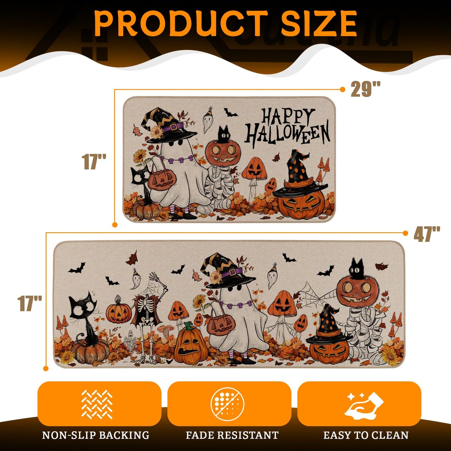 Moutina Happy Halloween Ghost Mushroom Pumpkin Skeleton Decorative Kitchen Rugs Set of 2, Halloween Holiday Party Home Decor Low-Profile Kitchen Mats for Floor - 17x29 and 17x47 Inch