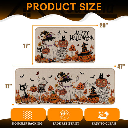 Moutina Happy Halloween Ghost Mushroom Pumpkin Skeleton Decorative Kitchen Rugs Set of 2, Halloween Holiday Party Home Decor Low-Profile Kitchen Mats for Floor - 17x29 and 17x47 Inch