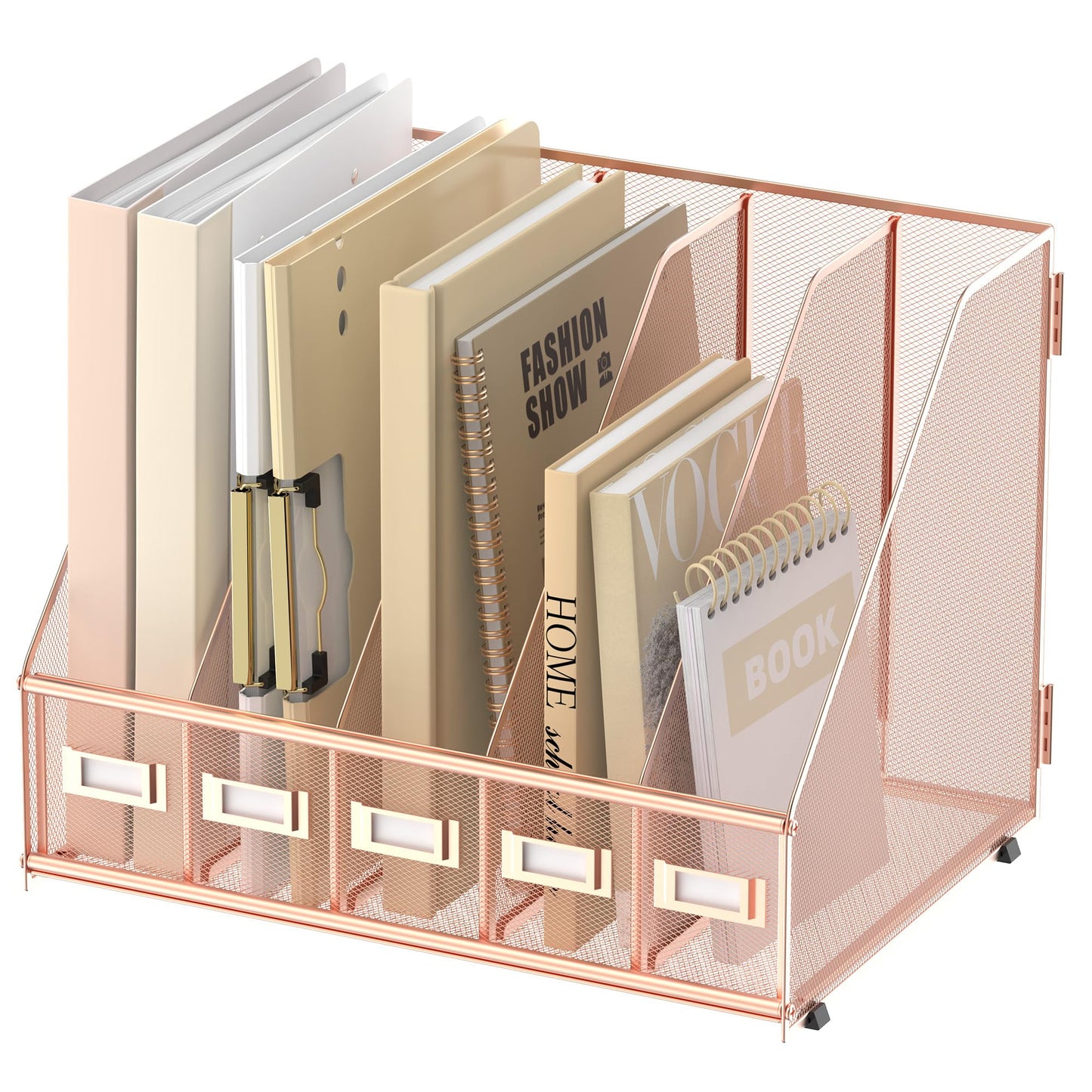 SUPEASY Desk Organizers Metal Desk Magazine File Holder with 5 Vertical Compartments Rack File Organizer for Office Desktop, Home Workspace, Rose Gold