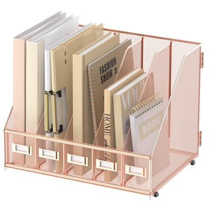 SUPEASY Desk Organizers Metal Desk Magazine File Holder with 5 Vertical Compartments Rack File Organizer for Office Desktop, Home Workspace, Rose Gold