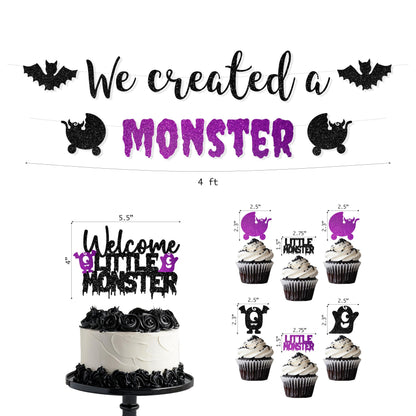We Created a Monster Baby Shower Decorations – Spooky Baby Shower Banner, Little Monster Cupcake Toppers, Cake Topper & Balloons, Black & Purple Halloween Theme