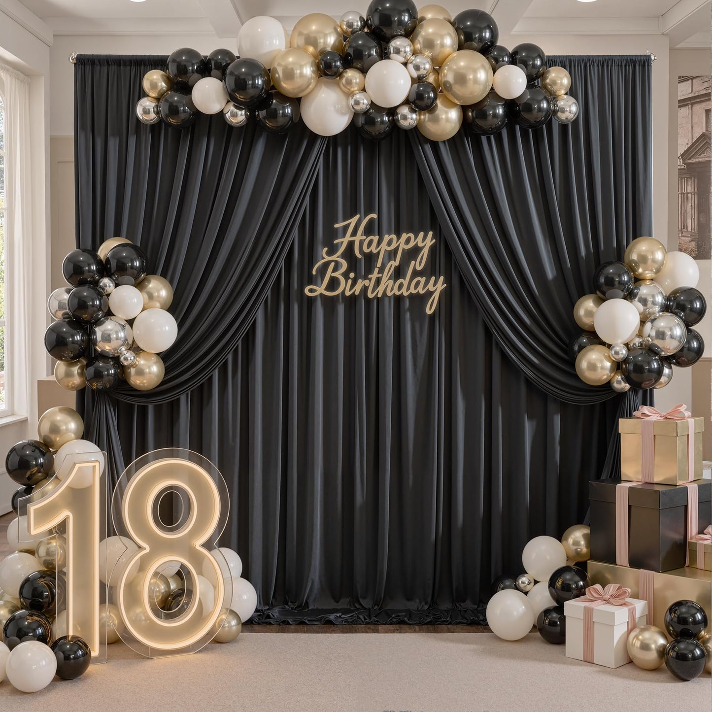 Wrinkle Free Black Backdrop Curtains for Parties, Polyester Photo Backdrop Drapes 2 Panels 5x8ft for Weddings Birthday Photography Background Parties Halloween Decor, 10ft x 8ft