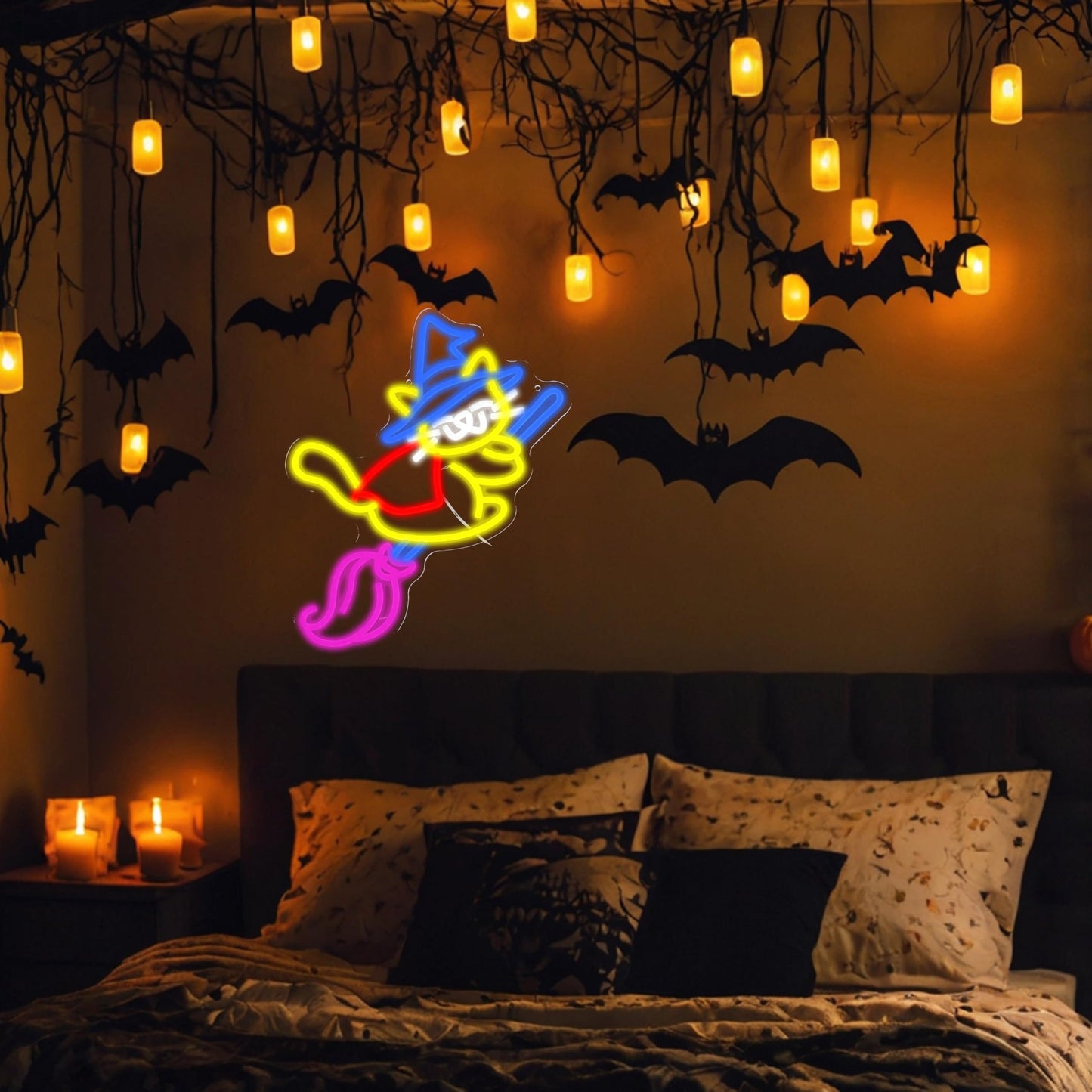 Halloween Magic Cat Neon Sign for Halloween Decor Cat Witch Neon Light Cute Magic broom Light Up Sign for Halloween Party Bedroom Club Bedroom House Kid’s Room