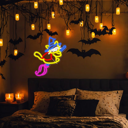 Halloween Magic Cat Neon Sign for Halloween Decor Cat Witch Neon Light Cute Magic broom Light Up Sign for Halloween Party Bedroom Club Bedroom House Kid’s Room