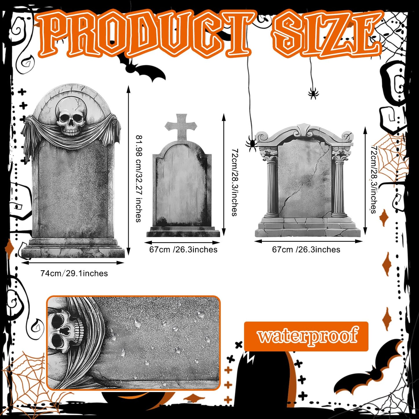 Leinuosen 3 Pcs 28"-48" Halloween Party Spooky Scenes Decoration Tombstone Cardboard Cutout Stand-up Spooky Tombstone Backdrop Photo Prop Standup Cutout for Halloween Party Yard Graveyard Decor Supply