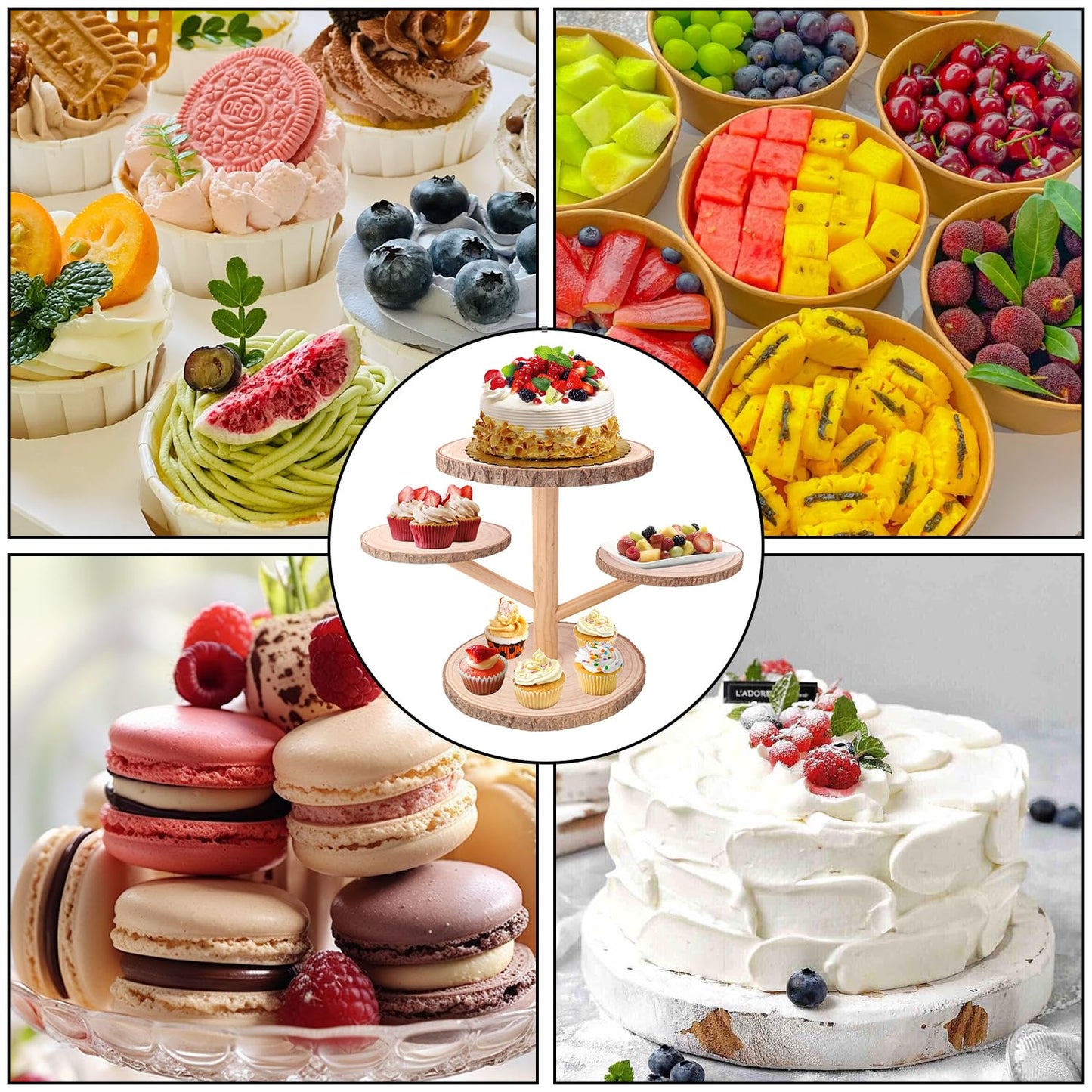 kukmakri 4 Tier Round Wooden Cupcake Stand - Wooden Cupcake Stand/ Holder – Rustic Wood Cupcake Tower Display for Weddings, Birthday Party Decoration, and Dessert Tables