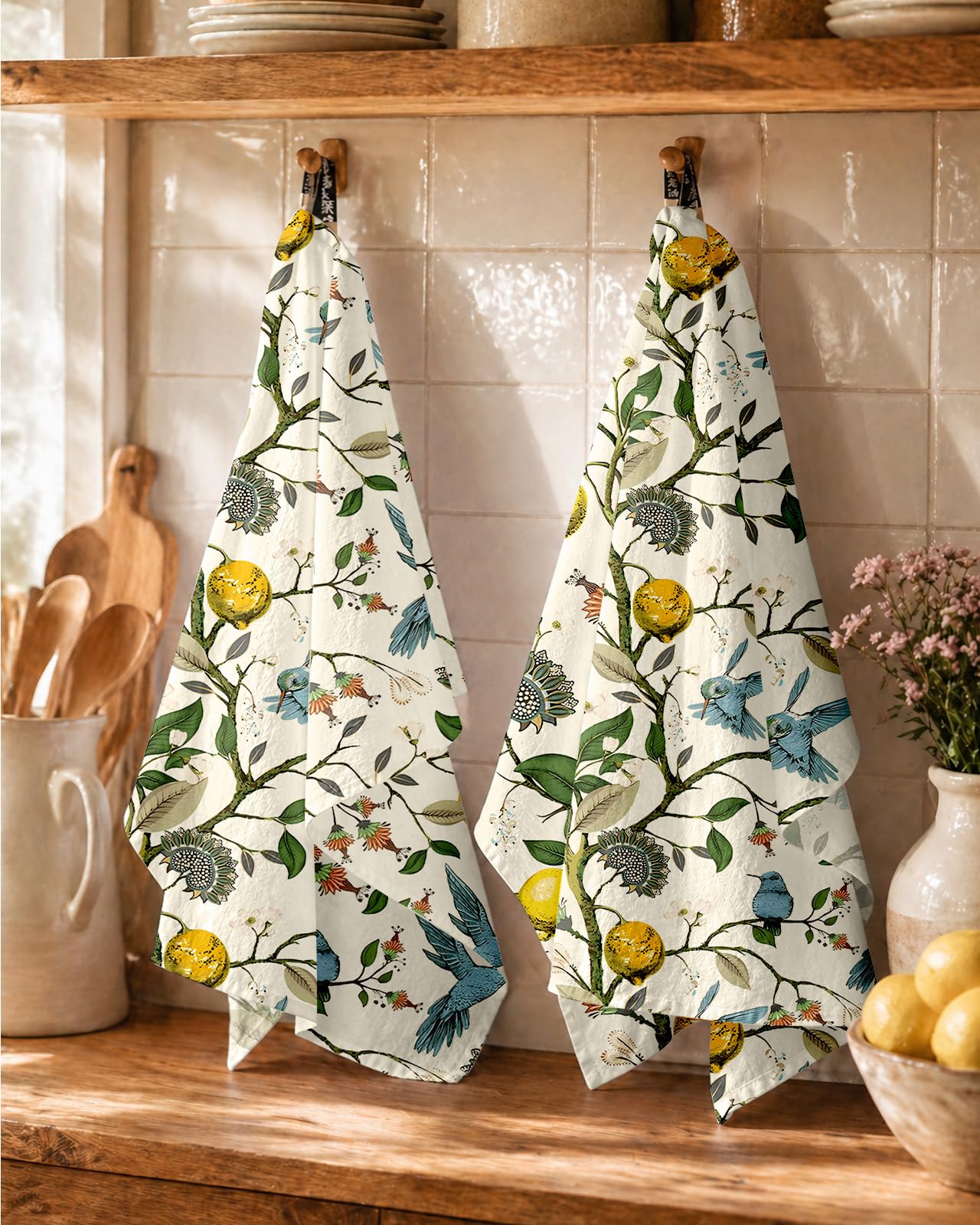 Miss Adola Flour Sack Kitchen Towels Set of 2-18x26 Cotton Dish Towels with Hanging Loop Reusable Tea Towel for Cleaning Spring Absorbent Dishcloths Cute Home Decor Housewarming, Lemon Birds
