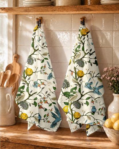 Miss Adola Flour Sack Kitchen Towels Set of 2-18x26 Cotton Dish Towels with Hanging Loop Reusable Tea Towel for Cleaning Spring Absorbent Dishcloths Cute Home Decor Housewarming, Lemon Birds